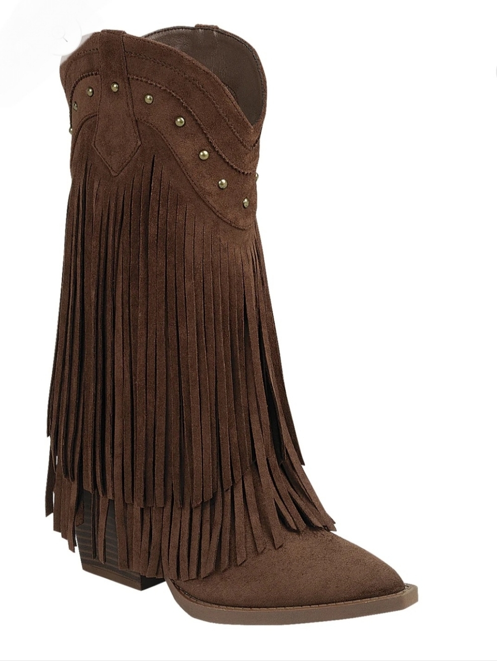 Brown faux suede fringed gold studded midcalf cowgirl cowboy boots size 10 new